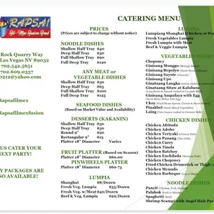 RAPSA! CATERING MENU 1 of 3