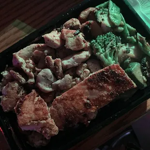 Fried rice, veggies, chicken and salmon