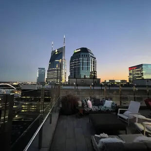 a view of a city at dusk