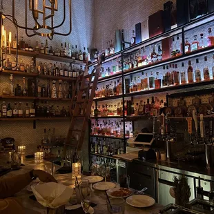 shelves full of liquor bottles