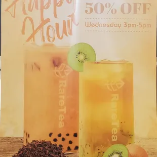 Happy Hour Wednesdays! 3 to 5 pm. Buy one get one half off!