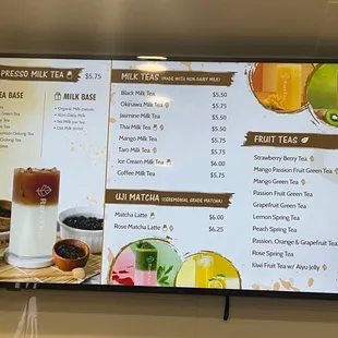 Fruit tea, milk tea and tea presso menu