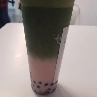 Rose matcha latte with boba