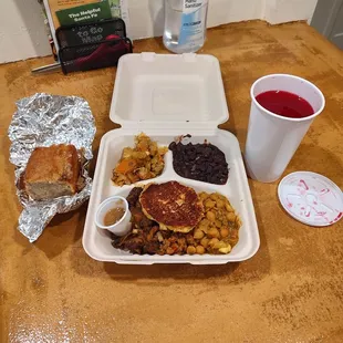 Combo Plate, Sweet Potato Cake, and Beet/Carrot/Ginger Juice