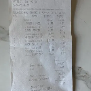 This is my receipt from Rasa, they charged me $64.00 for Daikon root, aka Mooli (1st item on receipt)