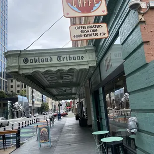 Signage, seating in front.