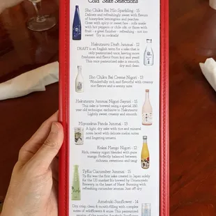 Drink menu, 1 of 4. Cold sake selections.