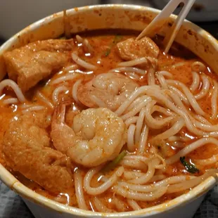 Shrimp Laksa Noodle Soup - shrimp coconut curry noodle soup with bean sprouts, lime and cilantro
