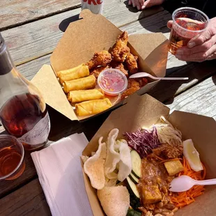 Gado gado, egg rolls and hot wings.  The peanut sauce is the best that I have had. Hot wings sells out fast!!