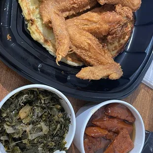 The Summit: 3 wings, 1 waffle, and 3 sides. Greens, candy yams, and mac&amp;cheese. Fire.