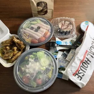 Chef and Greek salads, Turkey wrap, cheese cake, wings and DELICIOUS oatmeal cookies. Delivery available to nearby hotels