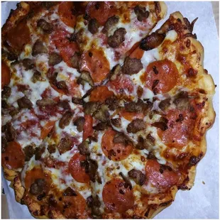 a pepperoni and sausage pizza