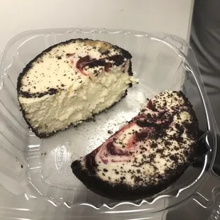 Black Forest Cheesecake cut in half to see what it looks like.  My personal favorite. Chocolate AND Cheesecake.