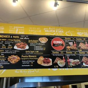 Pasta, wings, chicken fingers, and breadsticks