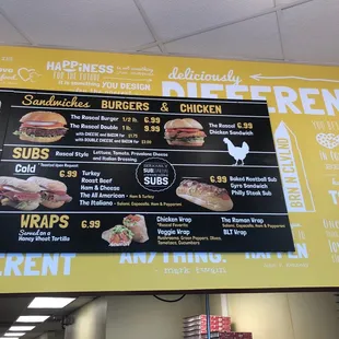 Burger, chicken sandwich, cold subs, hot subs, and wraps