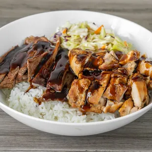 a bowl of rice and meat