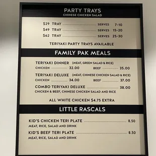 Party trays, family pak, meals, &amp; little rascals. Menu 4