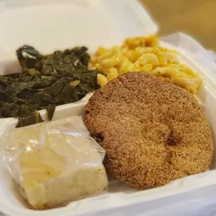 Salmon croquette, cornbread, greens &amp; mac n cheese.