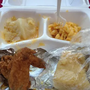 Fried chicken cabbage Mac an cornbread