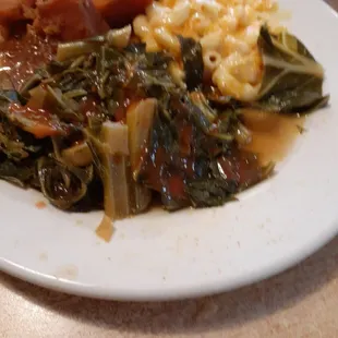 Greens, mac, and sweet potatoes