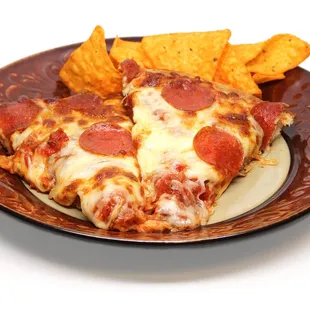 a slice of pepperoni pizza and chips
