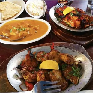 Tandoori prawns, chicken tikka masala, tandoori chicken