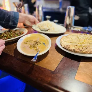 Lamb Korma, Rice-Pulao,Keema Aloo Matar, Keema Naan Bread