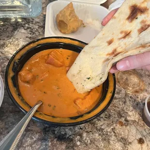 Butter chicken, garlic naan, LAMB SAMOSA