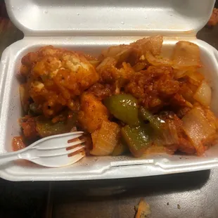 Food not cooked , coating  still uncooked . In packing they forgot to order two dishes need to go pick up again.