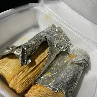 Tamales  (chicken with salsa roja)