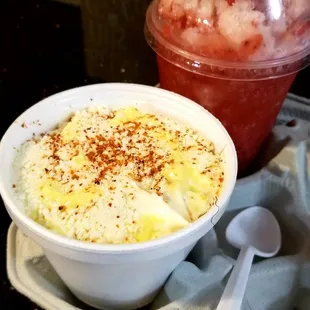 a drink and a bowl of food