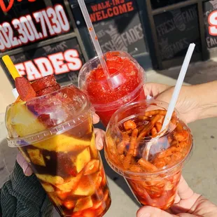 A chamoyada, strawberry raspado, y churros locos