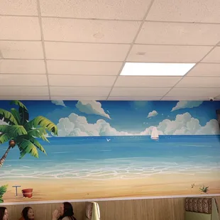 a beach scene painted on a wall