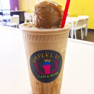 Caramel Imperial Frappe // Caramel Frappe topped off with Thrifty Coffee flavored ice cream and cinnamon