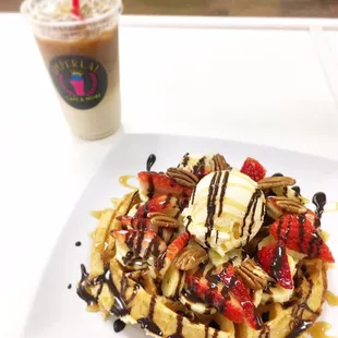 Fruit waffle, paired with an iced Horchata macchiato!