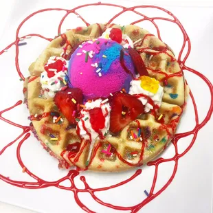 Our kids waffle with a scoop of cotton candy ice cream