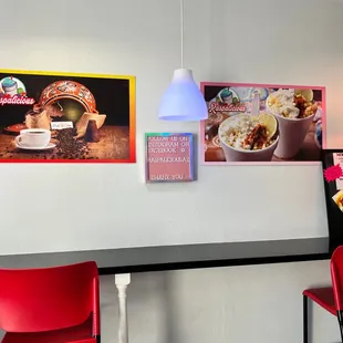 two red chairs in a restaurant