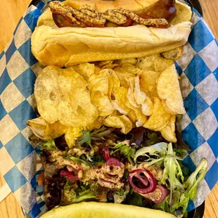 House brat w/ chips and salad