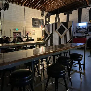 a bar with stools and tables