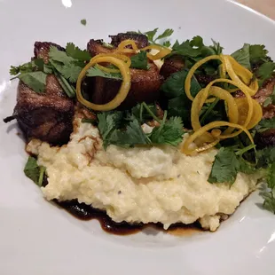 Pork belly with grits at Ration &amp; Dram