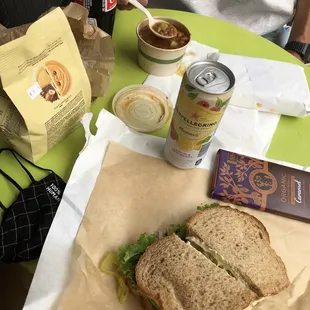 Classic veggie sandwich (cold) and small cup veggie lentil soup, with drinks and snacks