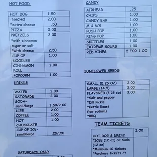 Rau Park snack bar menu March 2014.