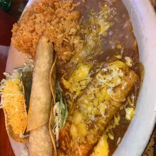 Cheese enchilada, flauta, shredded beef taco rice and beans