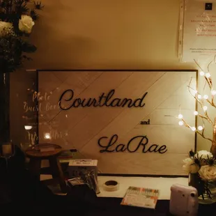 a picture of a table with candles and a sign