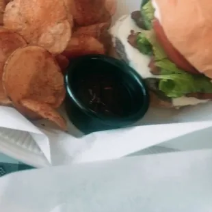 Burger and yummy homemade chips.