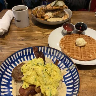 Waffle...chicken and biscuits (top), eggs with sausage biscuits, sausage, and bacon (bottom)...