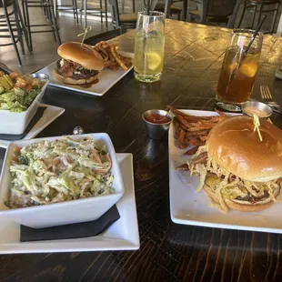 Left: Raven Burger sans fried onions; side Caesar Salad; Bacon Slaw Entry (special order); Right: Bacon Cheese Burger.