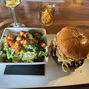 Raven burger and Caesar salad.