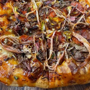 a close up view of a pizza