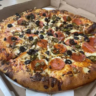 pepperoni, olives, and cheese